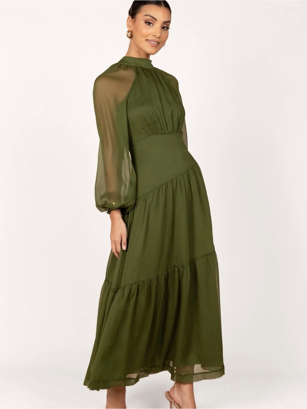 Petal & Pup Olive Maxi Dress with Sheer Bishop Sleeves